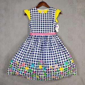 Nannette Kid 2pc Dress Youth 14 Blue Gingham Floral Flutter Sleeve Fit Flare NWT